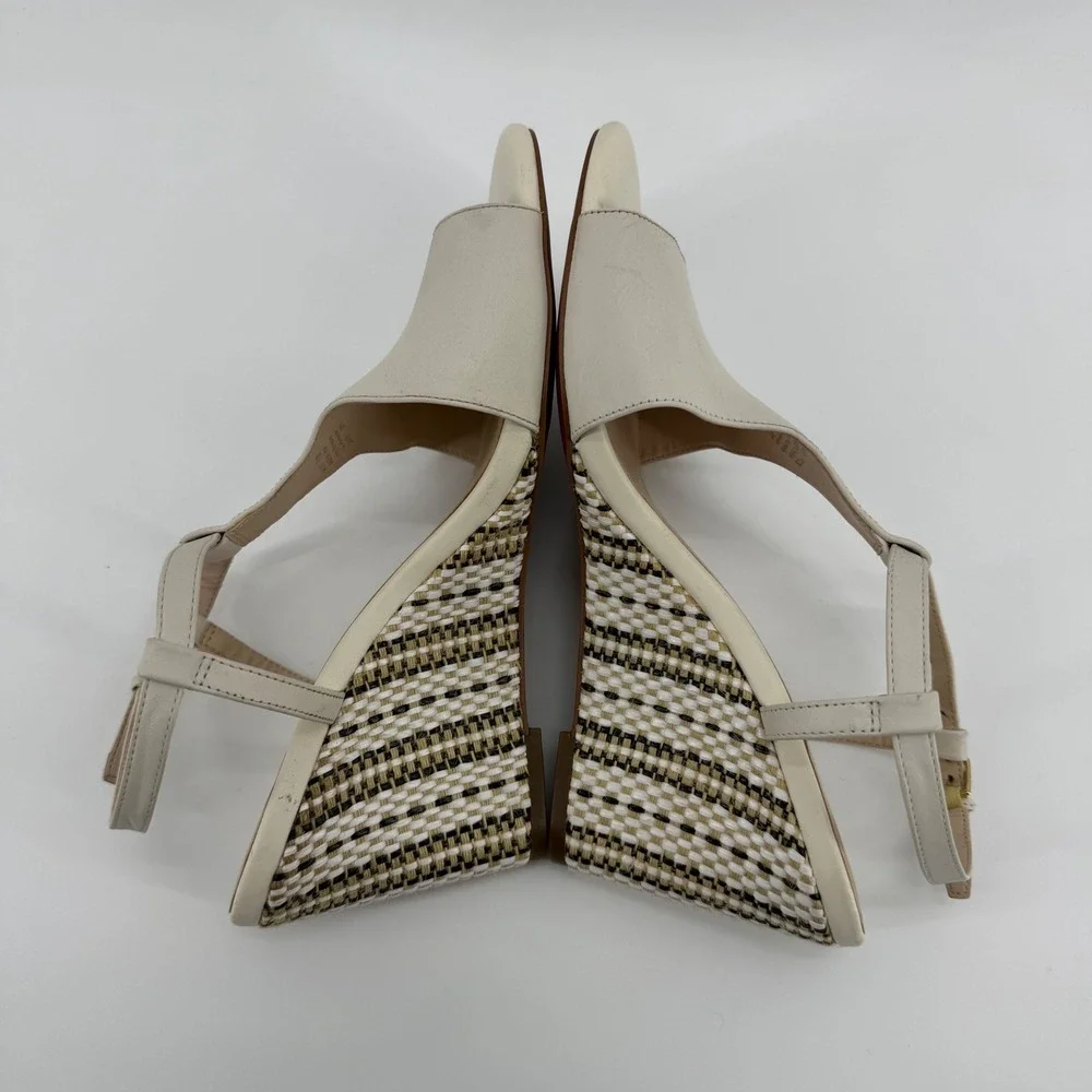 Cole Haan Maddie Ivory Leather T-Strap Woven Wedge Sandals W14877‎ Womens 9.5B